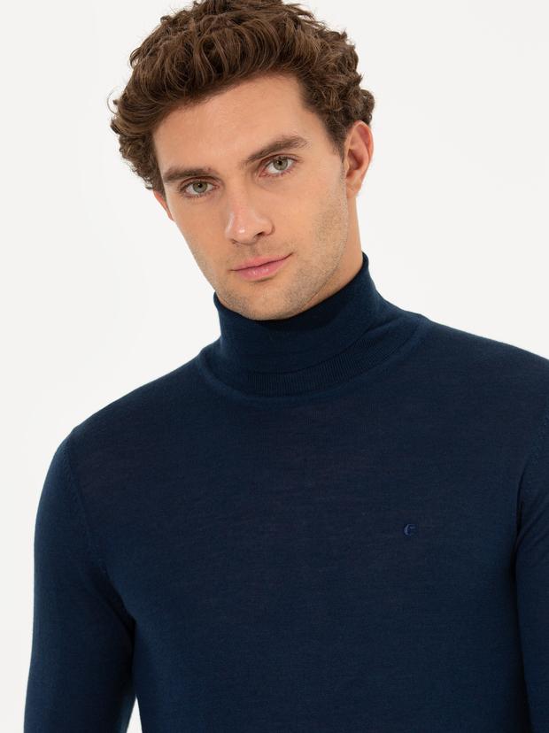 Lacivert Slim Fit Balıkçı Yaka Basic Triko Kazak