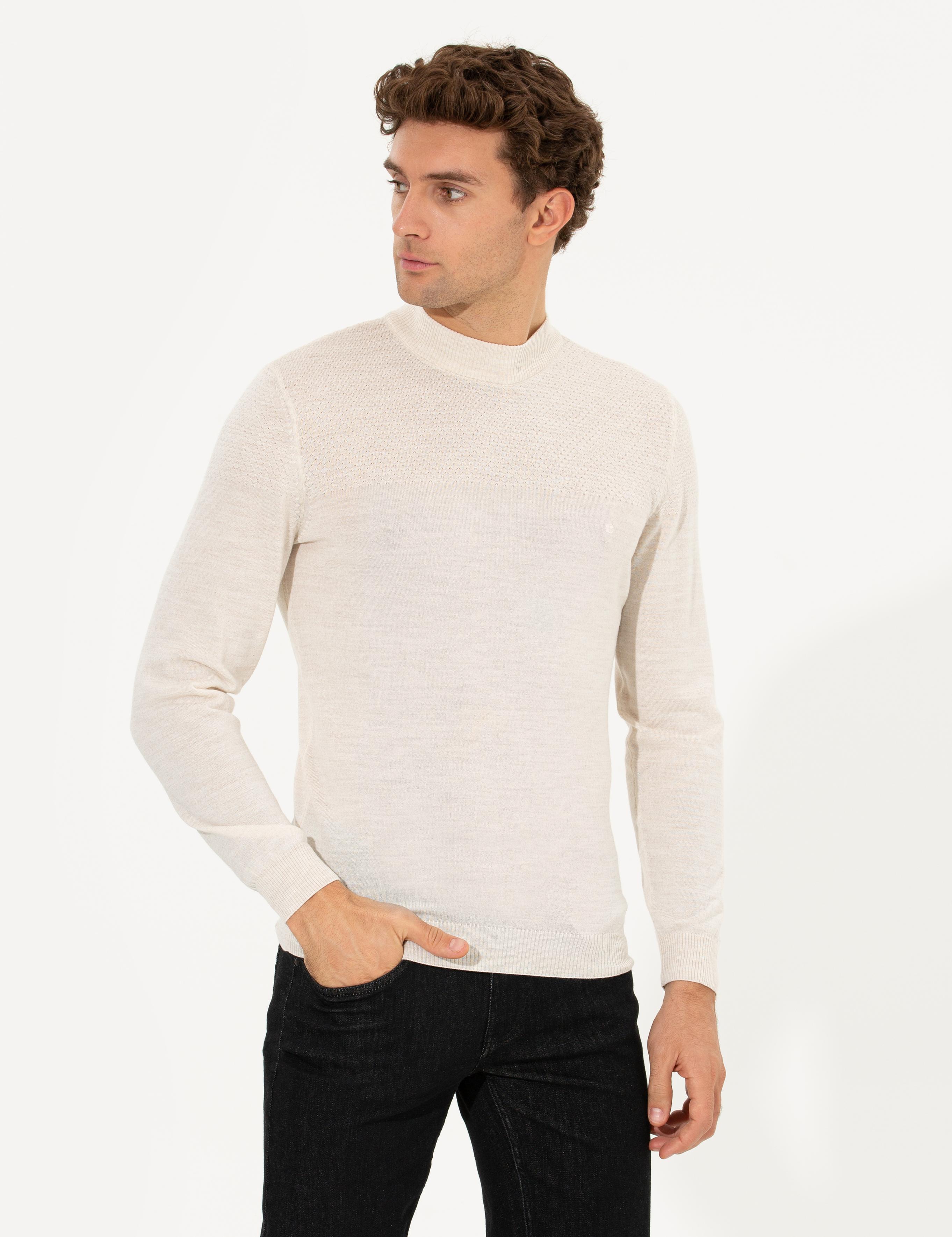 Bej Slim Fit Yarım Balıkçı Triko Kazak - 50229165010