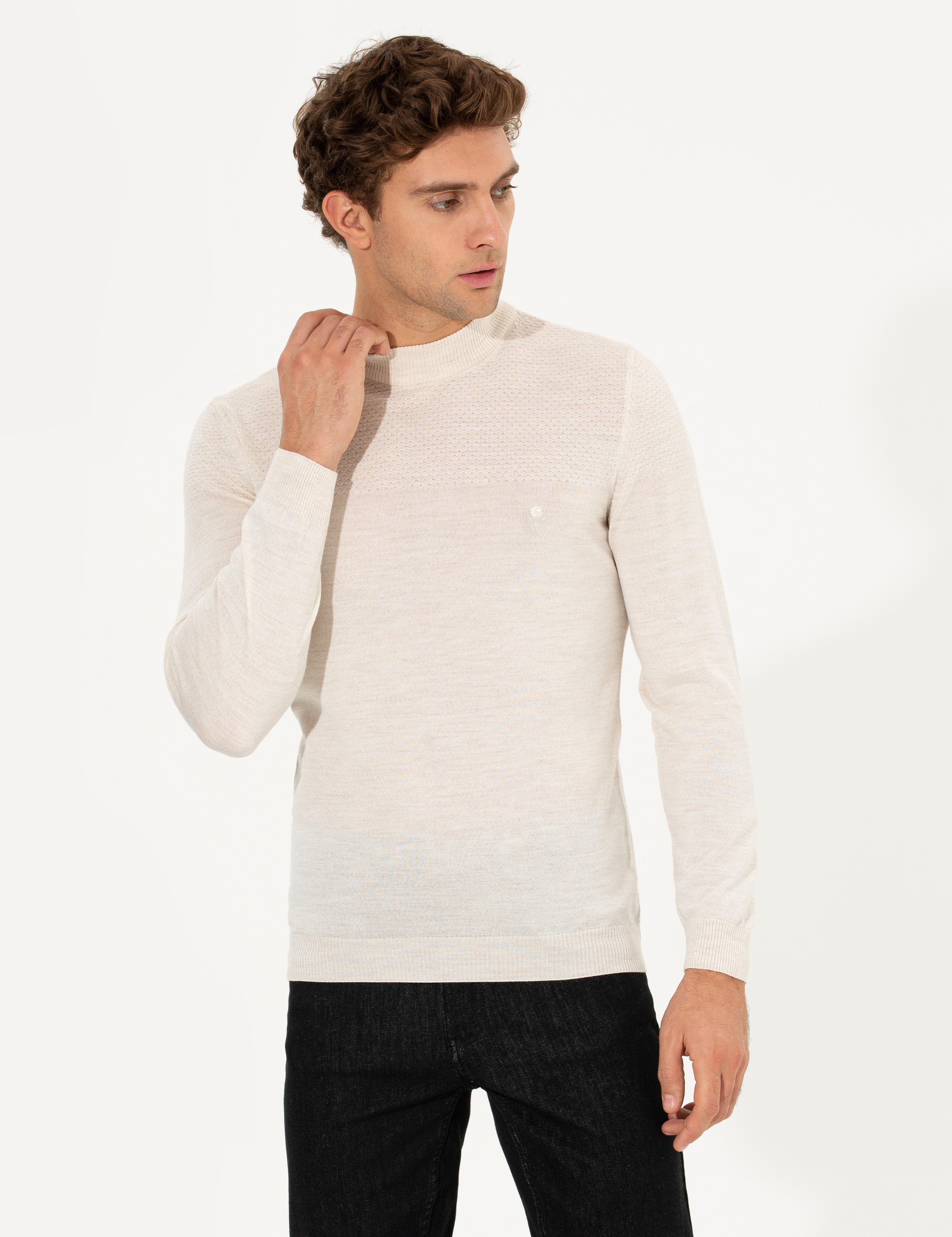 Bej Slim Fit Yarım Balıkçı Triko Kazak - 50229165010