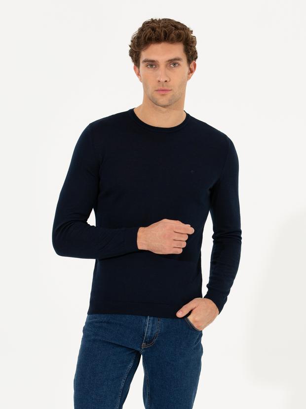 Lacivert Slim Fit Bisiklet Yaka Basic Triko Kazak