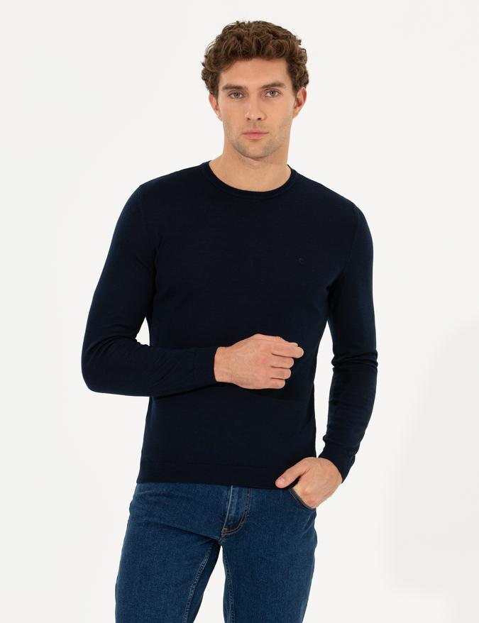 Lacivert Slim Fit Bisiklet Yaka Basic Triko Kazak