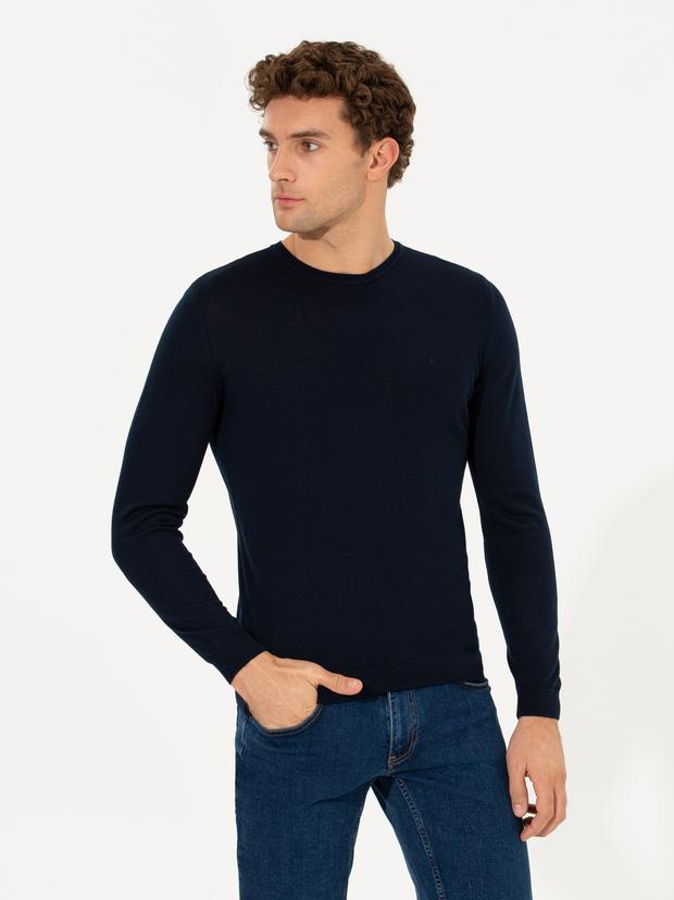 Lacivert Slim Fit Bisiklet Yaka Basic Triko Kazak