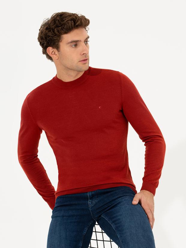 Kiremit Slim Fit Çeyrek Balıkçı Yaka Basic Triko Kazak