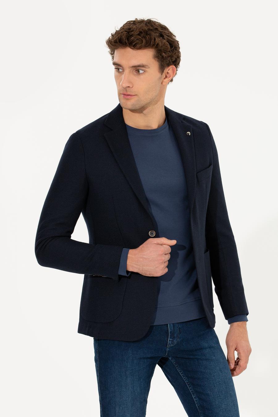 Lacivert Slim Fit Yün Karışımlı Mikro Desenli Ceket - 50260594260