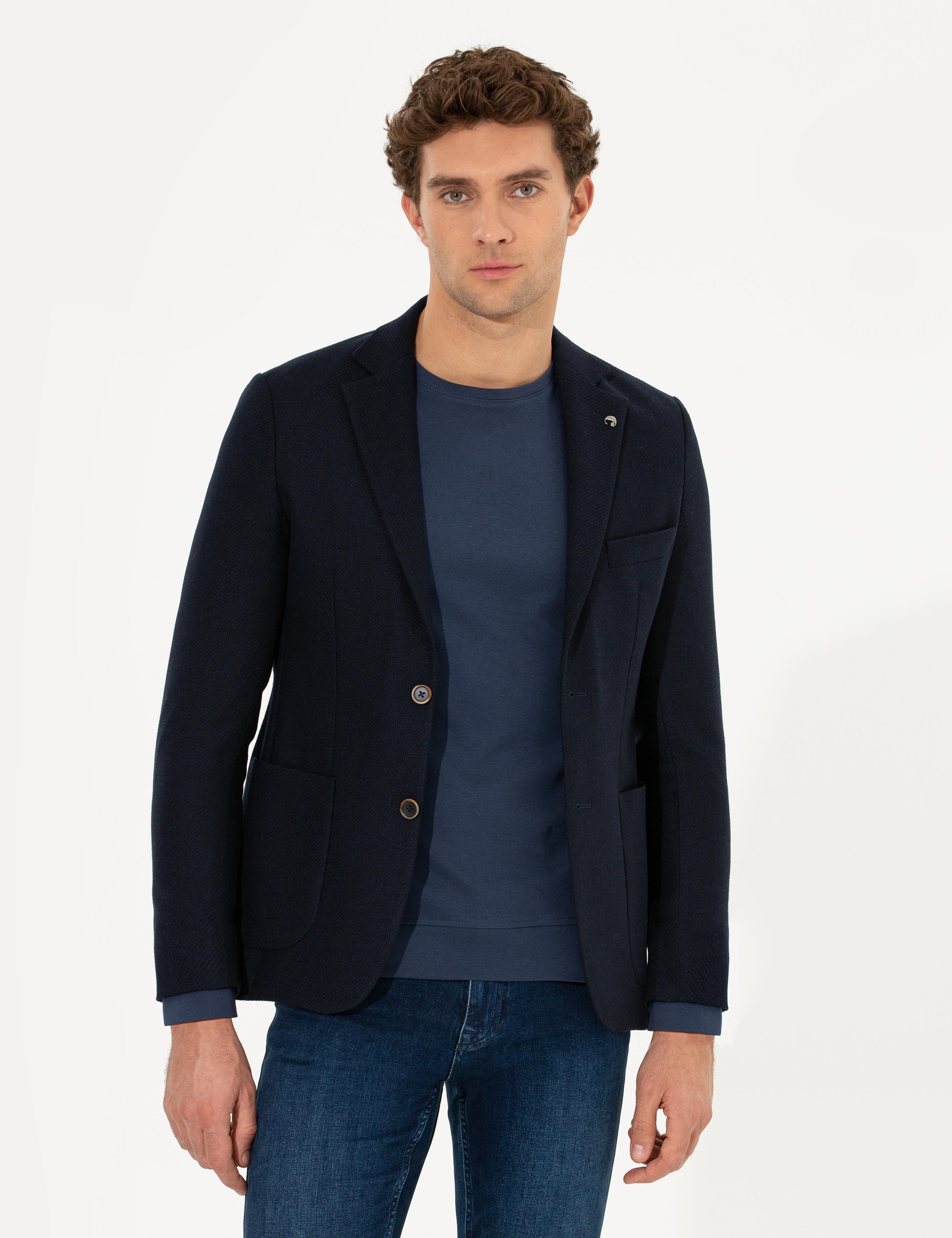 Lacivert Slim Fit Yün Karışımlı Mikro Desenli Ceket - 50260594260