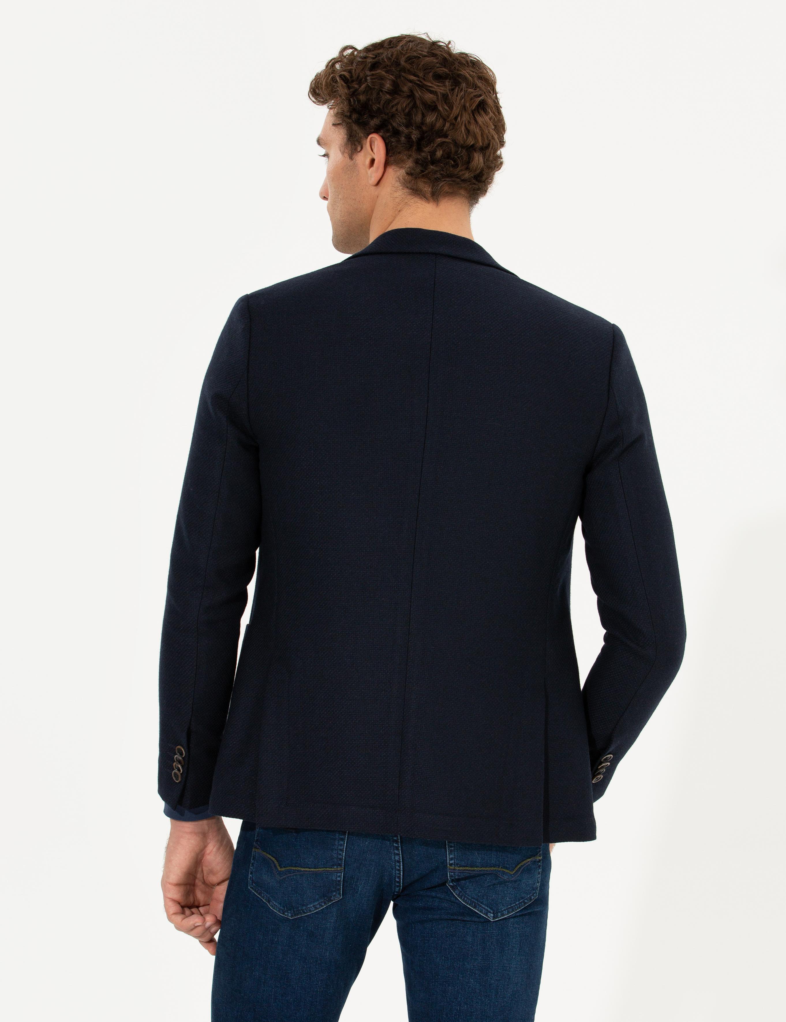 Lacivert Slim Fit Yün Karışımlı Mikro Desenli Ceket - 50260594260