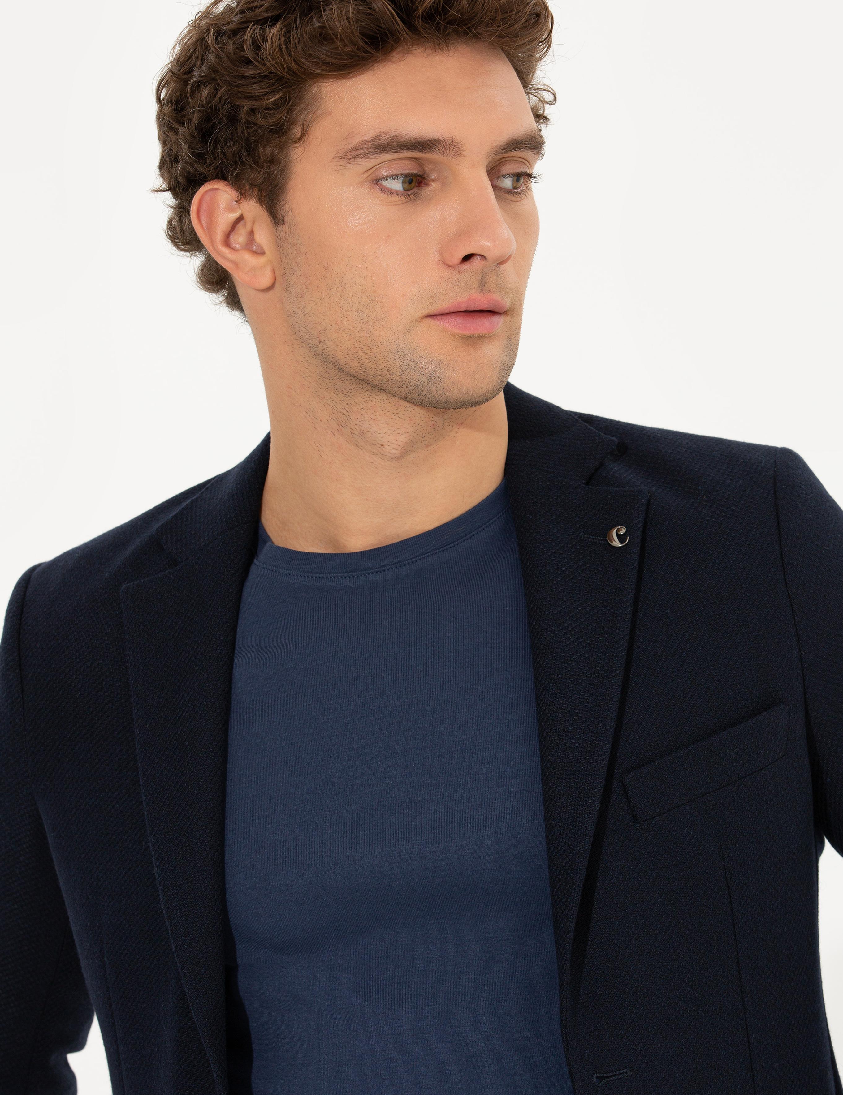 Lacivert Slim Fit Yün Karışımlı Mikro Desenli Ceket - 50260594260