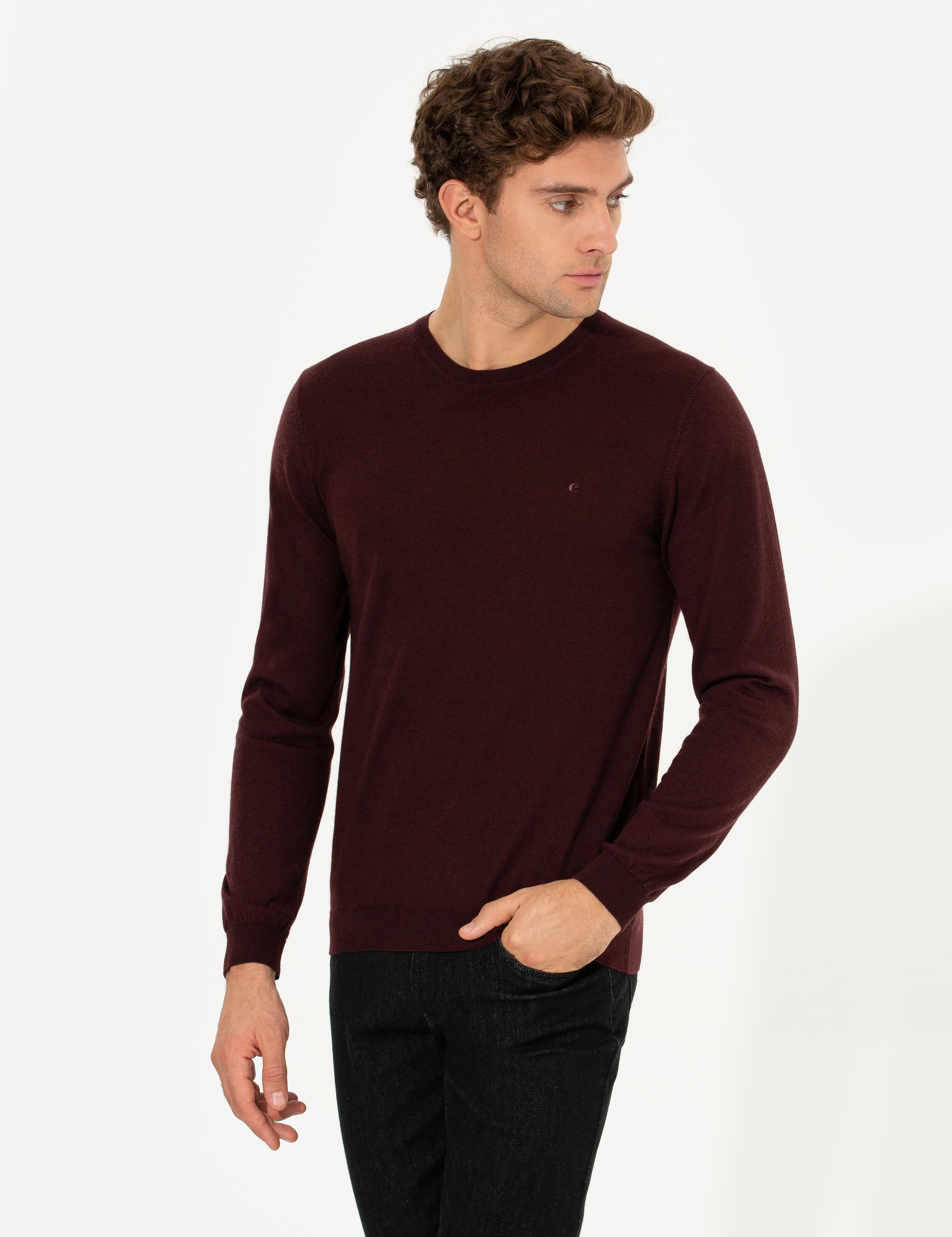 Bordo Slim Fit Bisiklet Yaka Yün Kaşmir Karışımlı Triko Kazak - 50260321014
