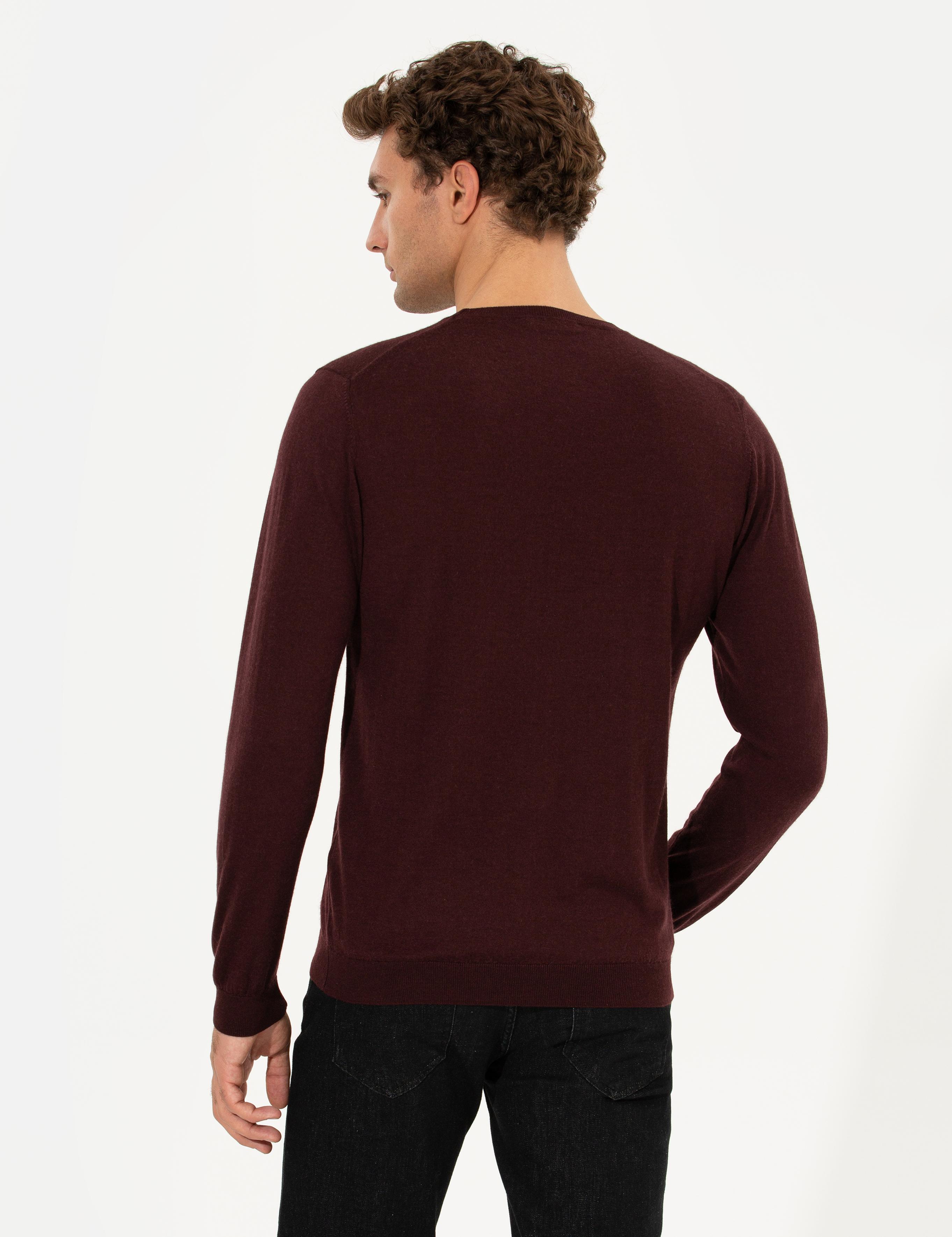 Bordo Slim Fit Bisiklet Yaka Yün Kaşmir Karışımlı Triko Kazak - 50260321014