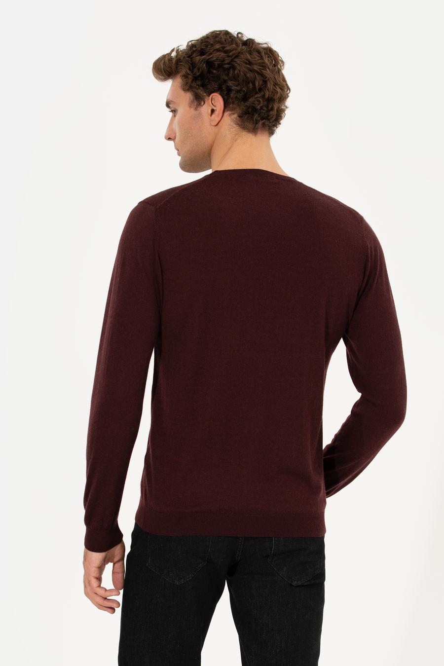 Bordo Slim Fit Bisiklet Yaka Yün Kaşmir Karışımlı Triko Kazak - 50260321014