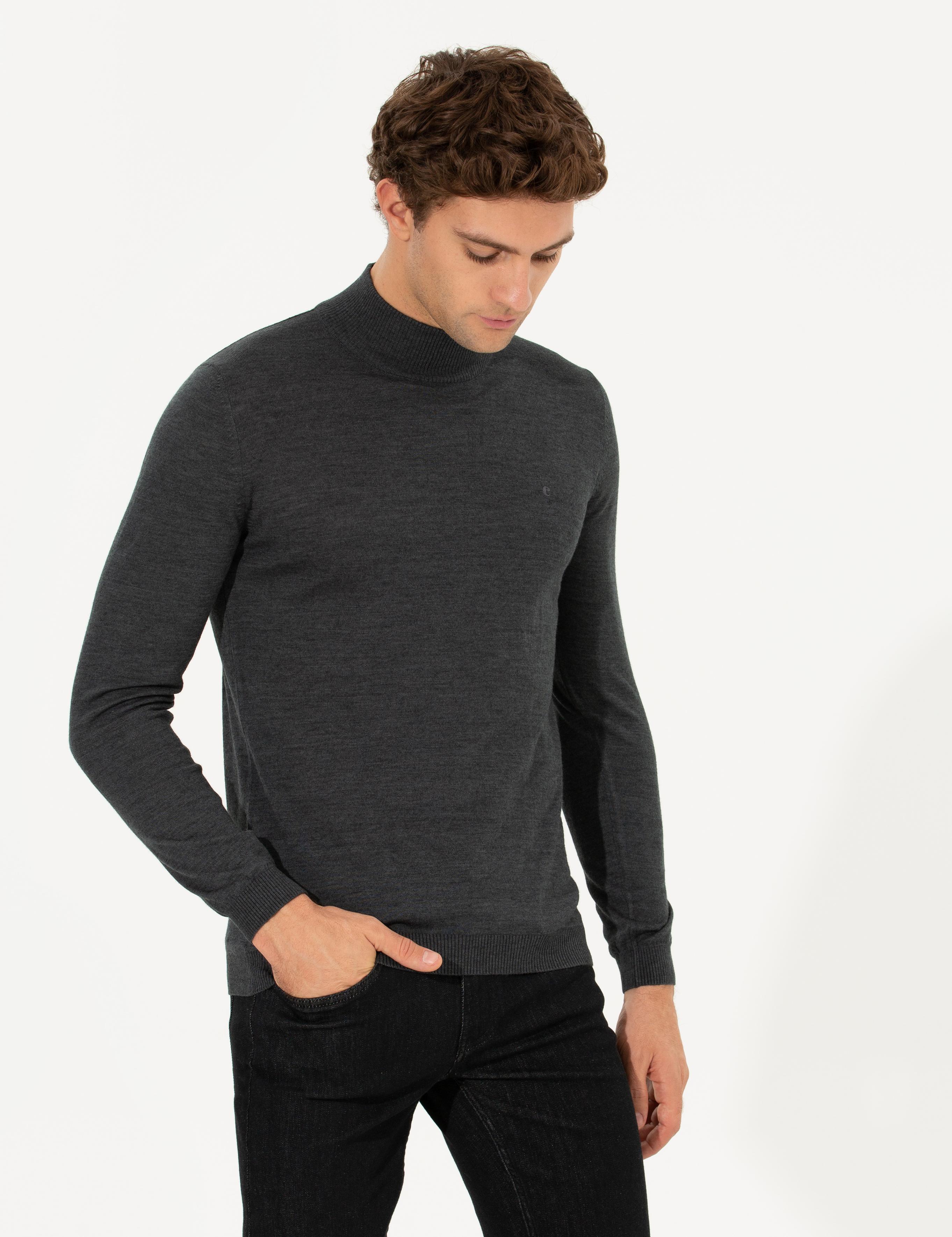 Antrasit Melanj Slim Fit Yarım Balıkçı Basic Triko Kazak - 50211256062