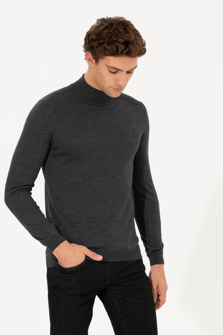 Antrasit Melanj Slim Fit Yarım Balıkçı Basic Triko Kazak - 50211256062