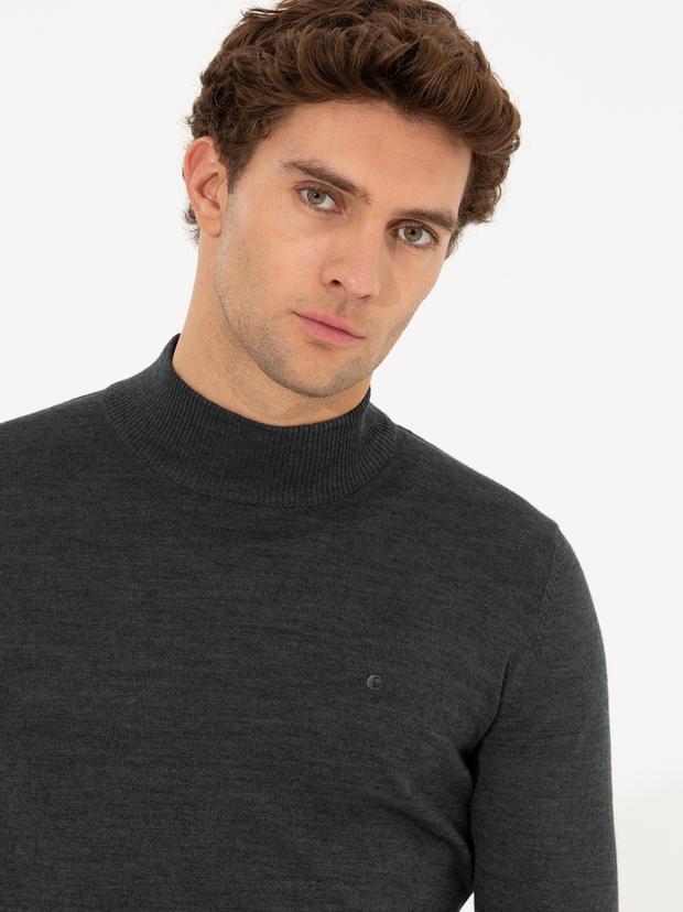 Antrasit Melanj Slim Fit Yarım Balıkçı Basic Triko Kazak