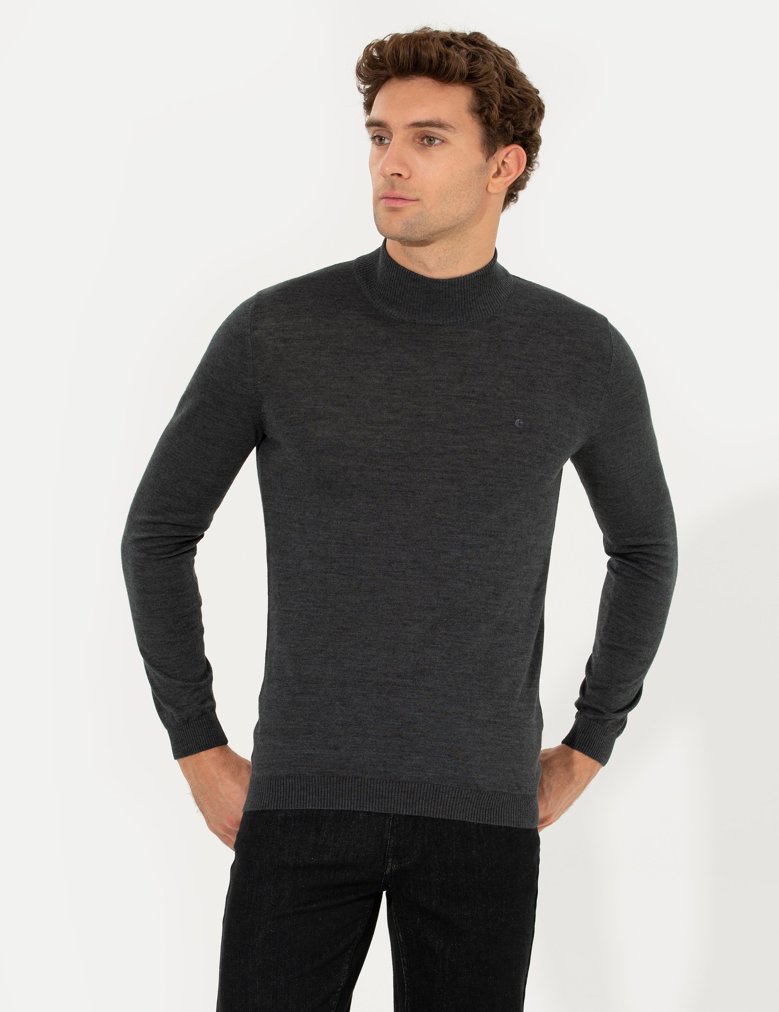 Antrasit Melanj Slim Fit Yarım Balıkçı Basic Triko Kazak - 50211256062