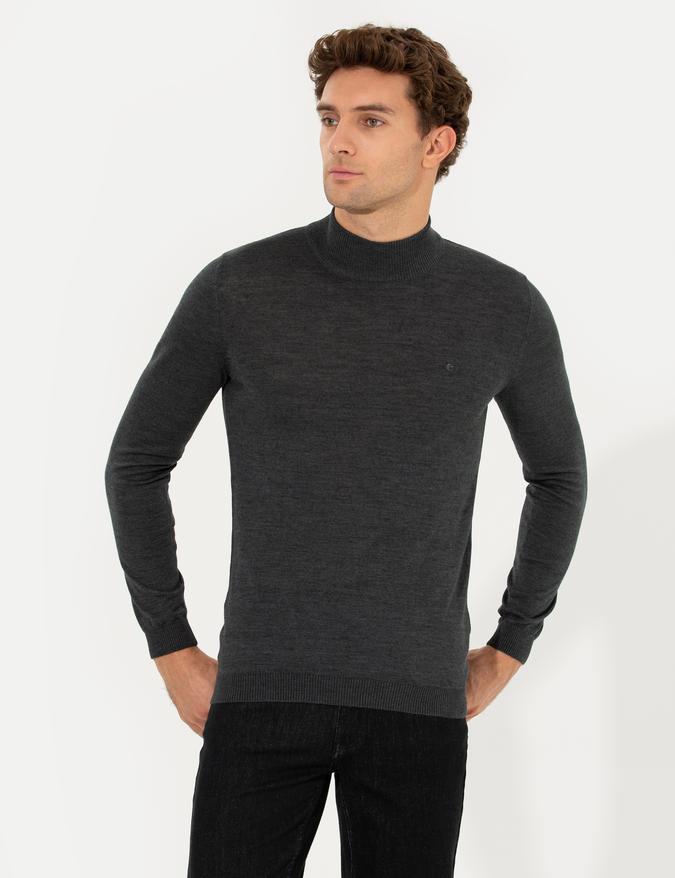 Antrasit Melanj Slim Fit Yarım Balıkçı Basic Triko Kazak