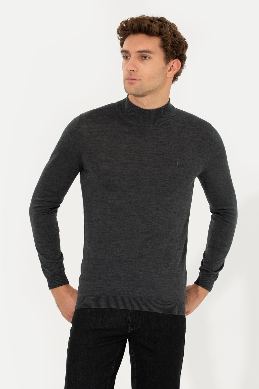 Antrasit Melanj Slim Fit Yarım Balıkçı Basic Triko Kazak - 50211256062
