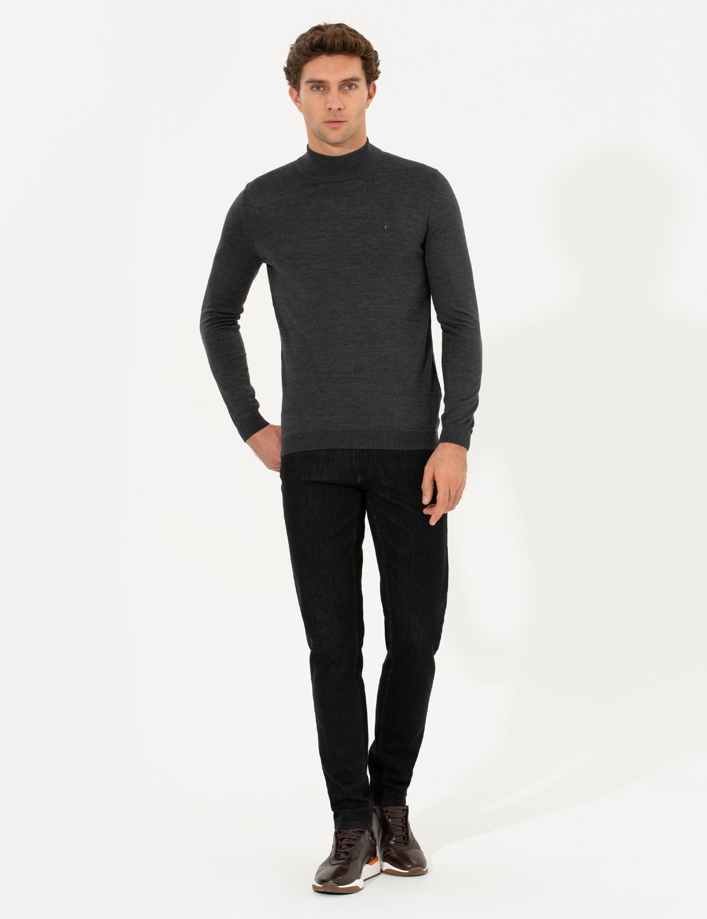 Antrasit Melanj Slim Fit Yarım Balıkçı Basic Triko Kazak - 50211256062