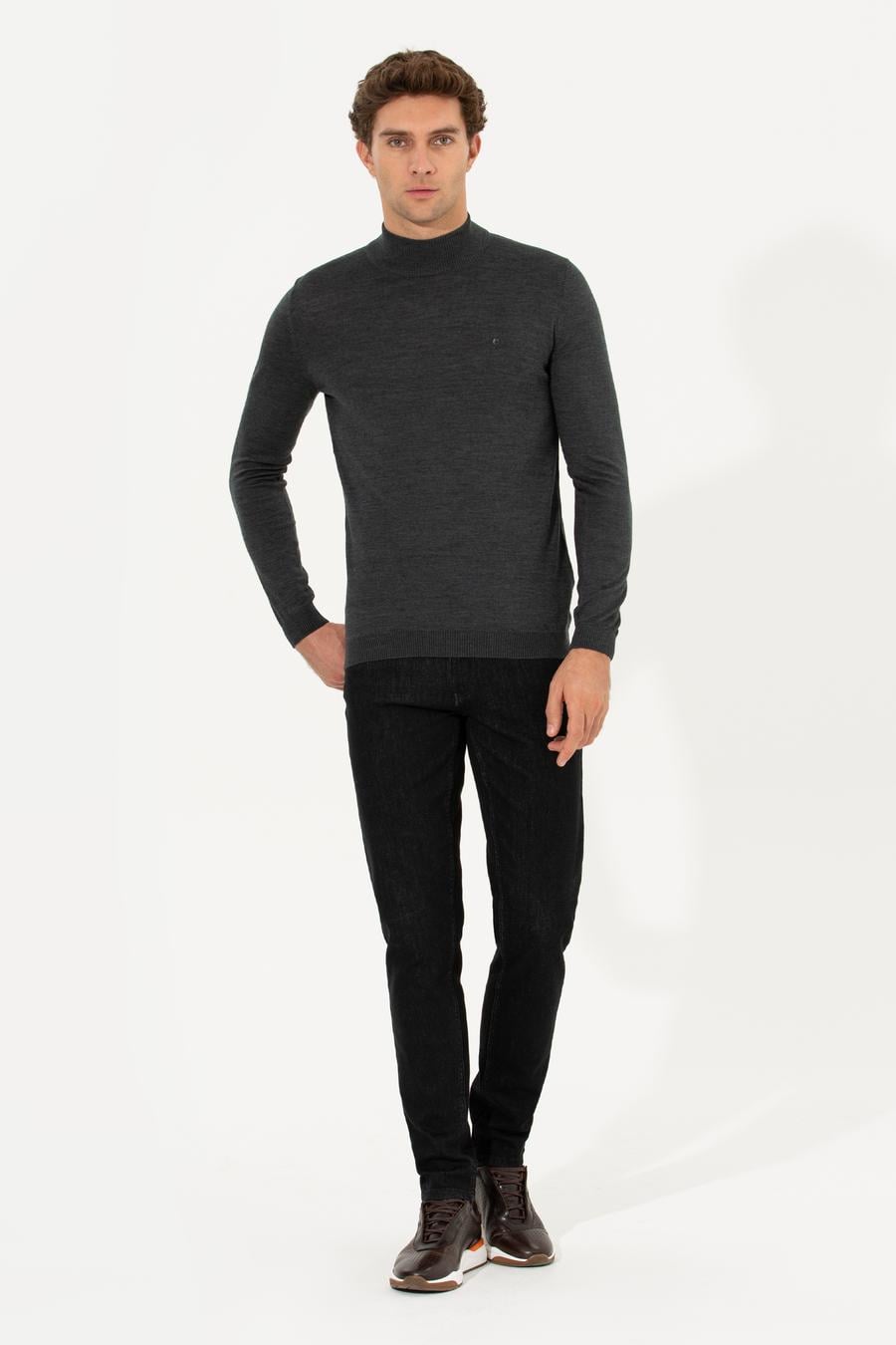 Antrasit Melanj Slim Fit Yarım Balıkçı Basic Triko Kazak - 50211256062