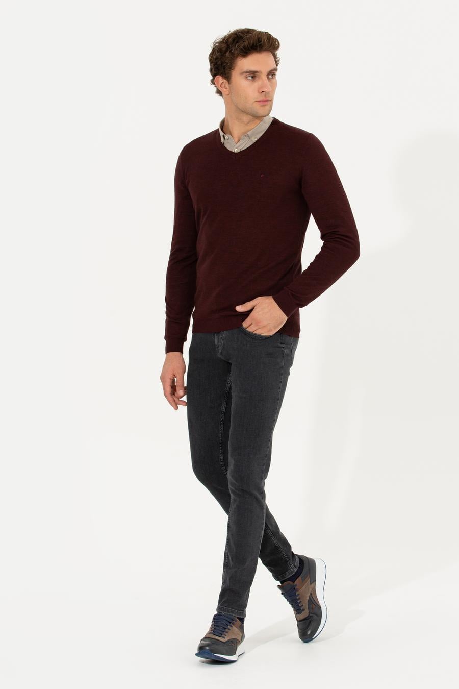 Bordo Slim Fit V Yaka Basic Triko Kazak - 50211259015