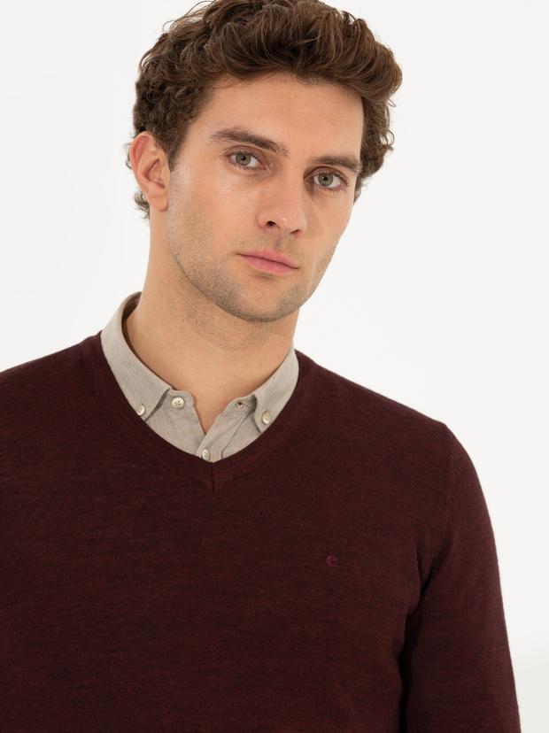 Bordo Slim Fit V Yaka Basic Triko Kazak