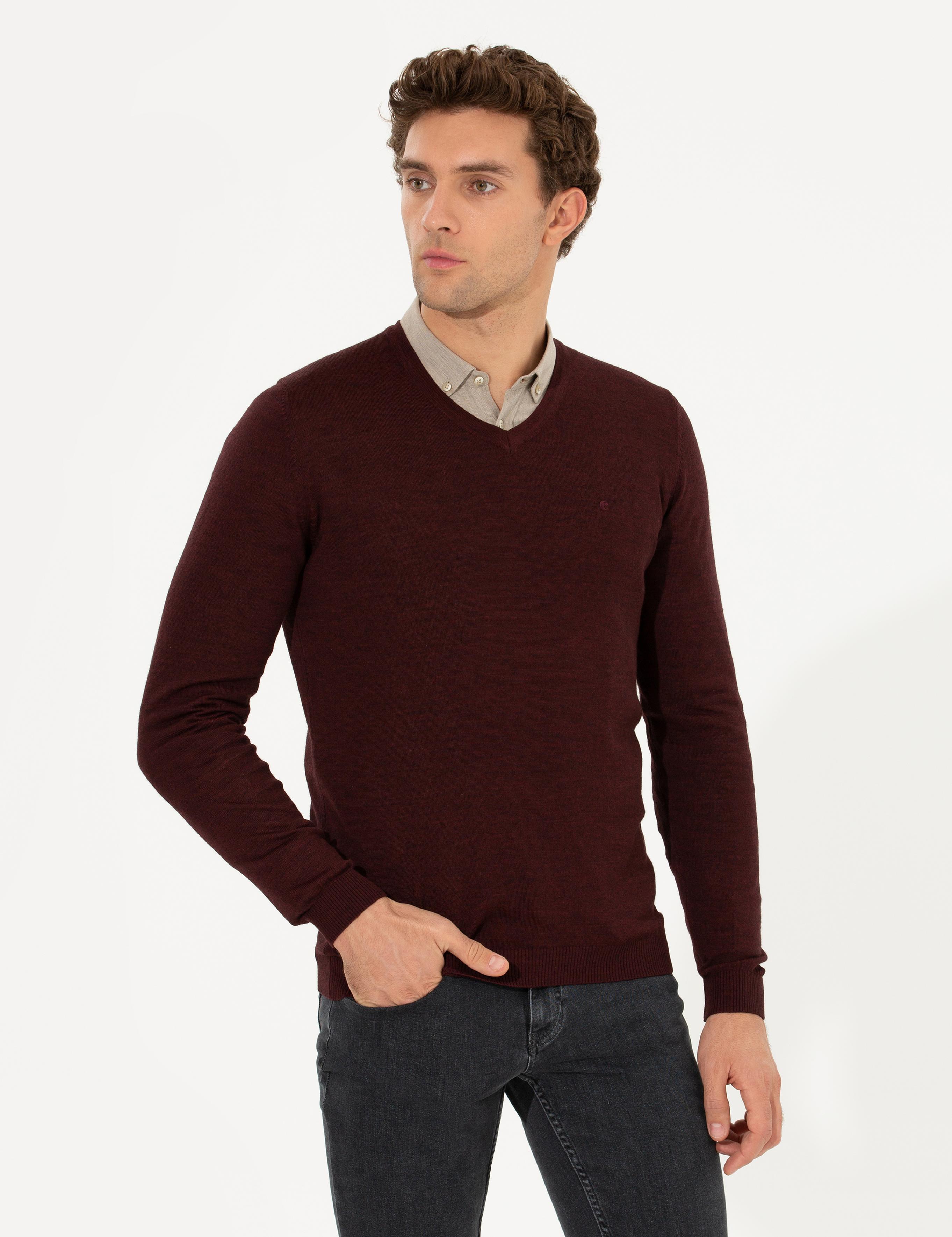 Bordo Slim Fit V Yaka Basic Triko Kazak - 50211259015
