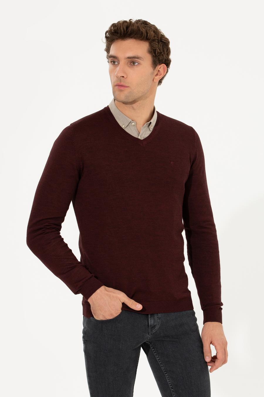 Bordo Slim Fit V Yaka Basic Triko Kazak - 50211259015