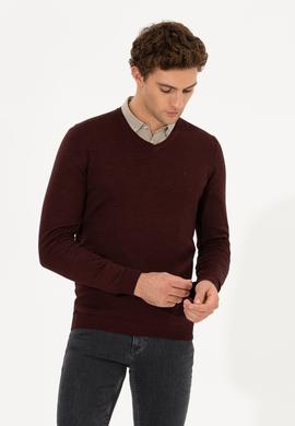 Bordo Slim Fit V Yaka Basic Triko Kazak