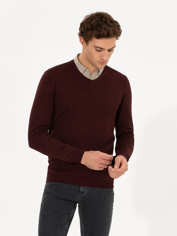 Bordo Slim Fit V Yaka Basic Triko Kazak