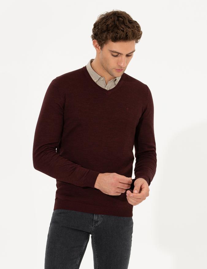 Bordo Slim Fit V Yaka Basic Triko Kazak