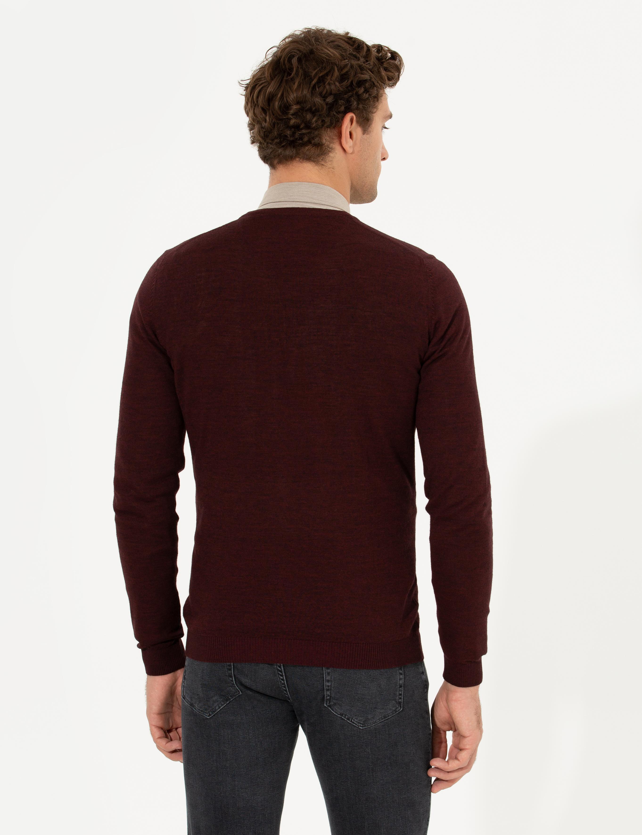 Bordo Slim Fit V Yaka Basic Triko Kazak - 50211259015