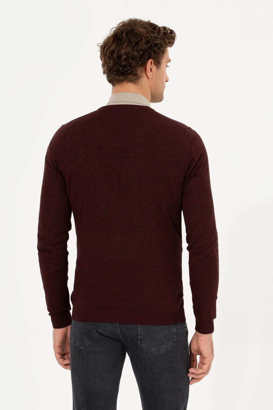 Bordo Slim Fit V Yaka Basic Triko Kazak - 50211259015