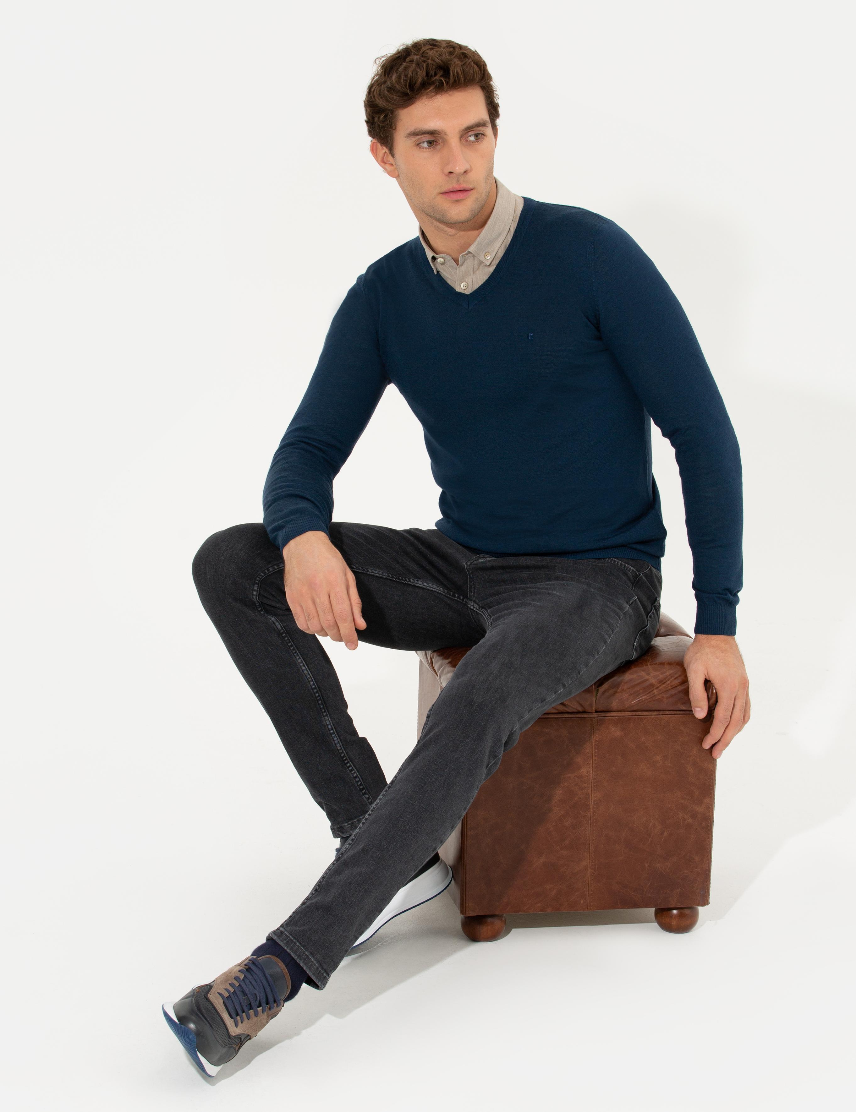 İndigo Slim Fit V Yaka Basic Triko Kazak - 50211259038