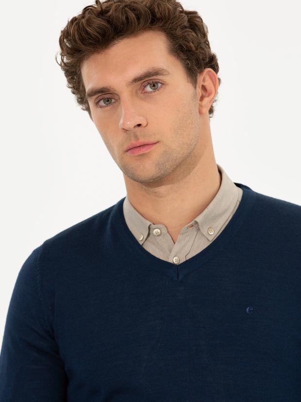 Lacivert Slim Fit V Yaka Basic Triko Kazak