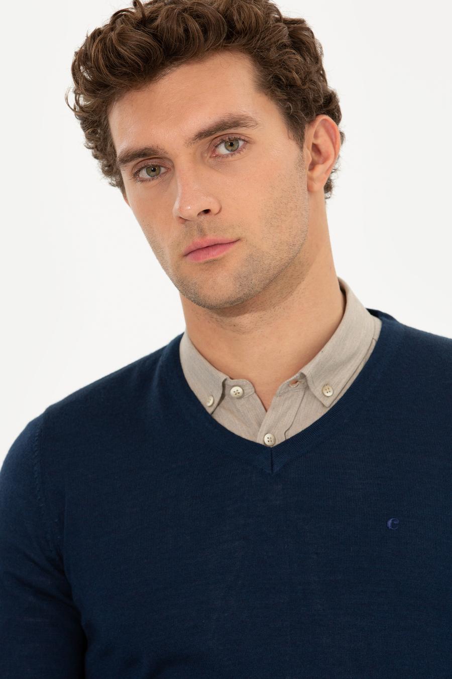 Lacivert Slim Fit V Yaka Basic Triko Kazak - 50211259042