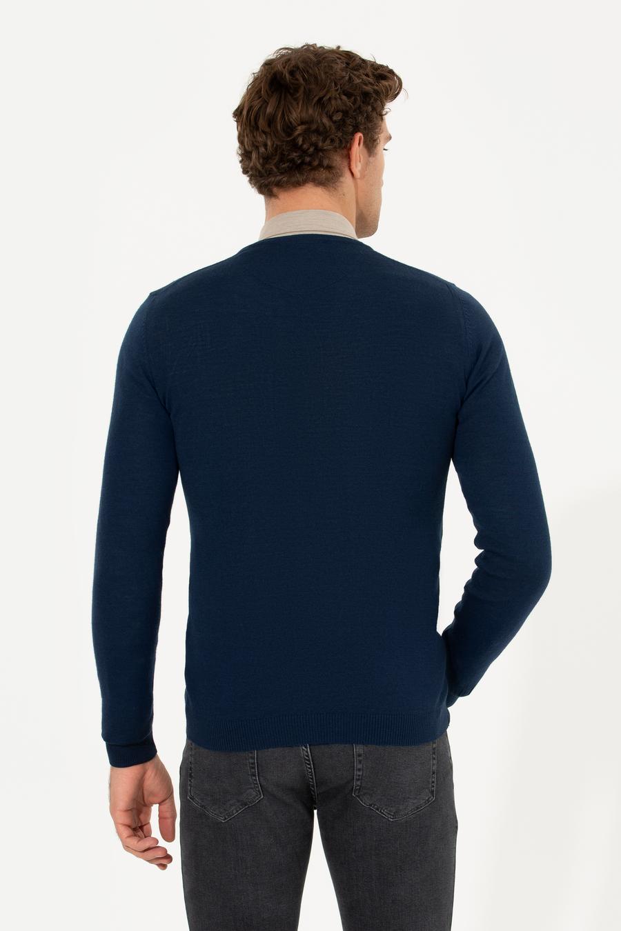 Lacivert Slim Fit V Yaka Basic Triko Kazak - 50211259042