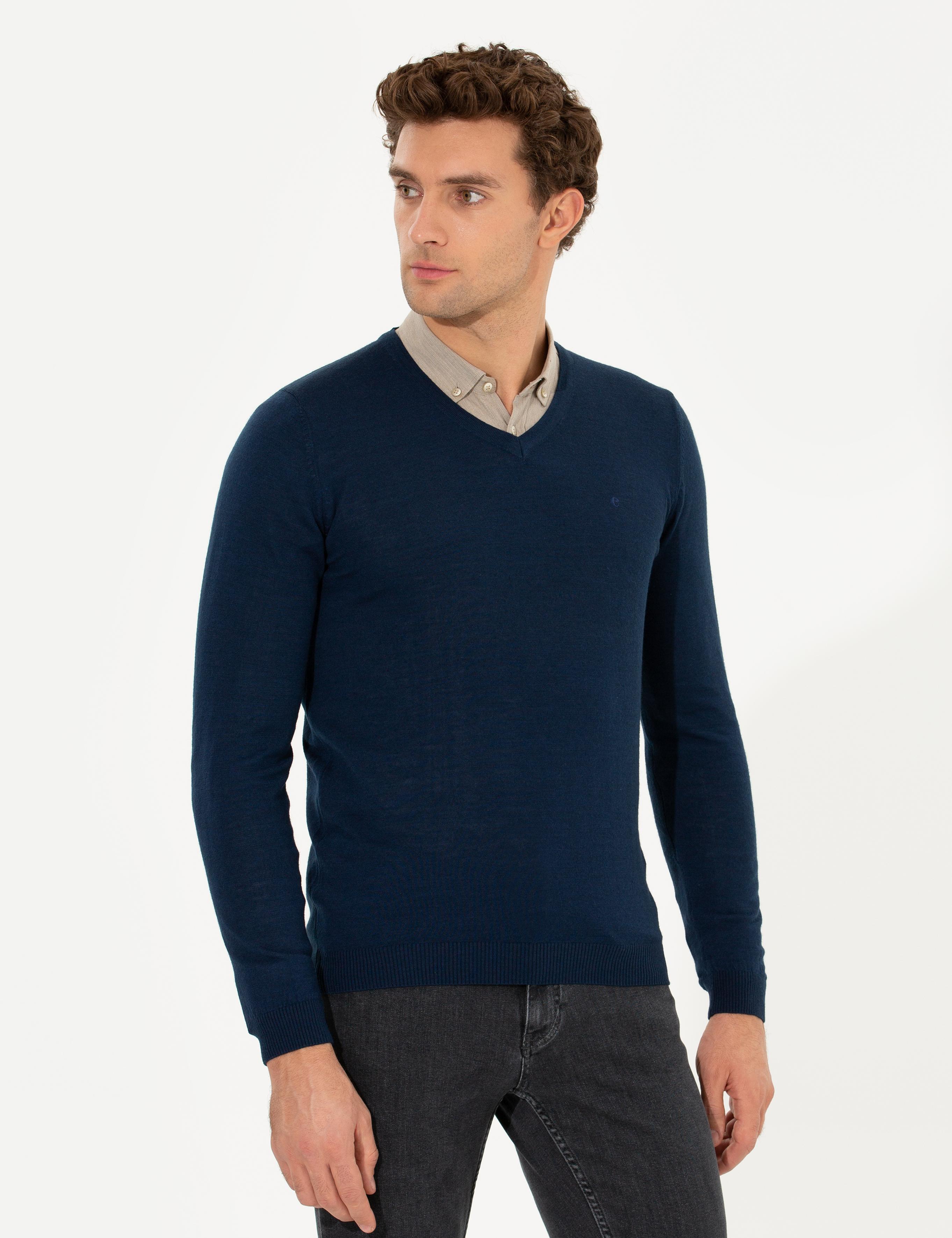 Lacivert Slim Fit V Yaka Basic Triko Kazak - 50211259042