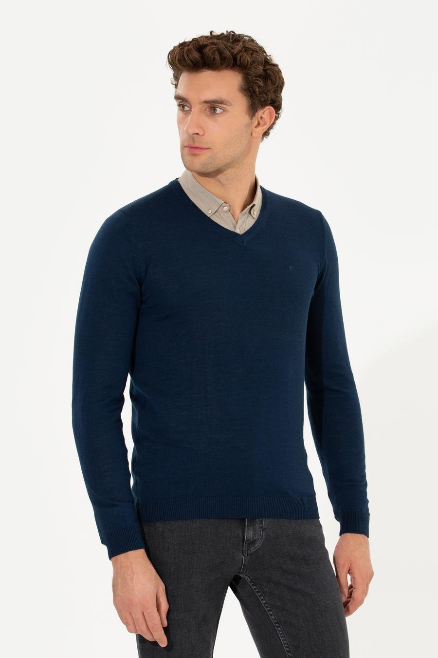 Lacivert Slim Fit V Yaka Basic Triko Kazak - 50211259042