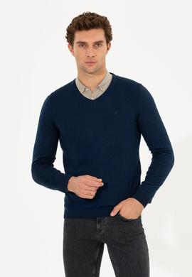 Lacivert Slim Fit V Yaka Basic Triko Kazak