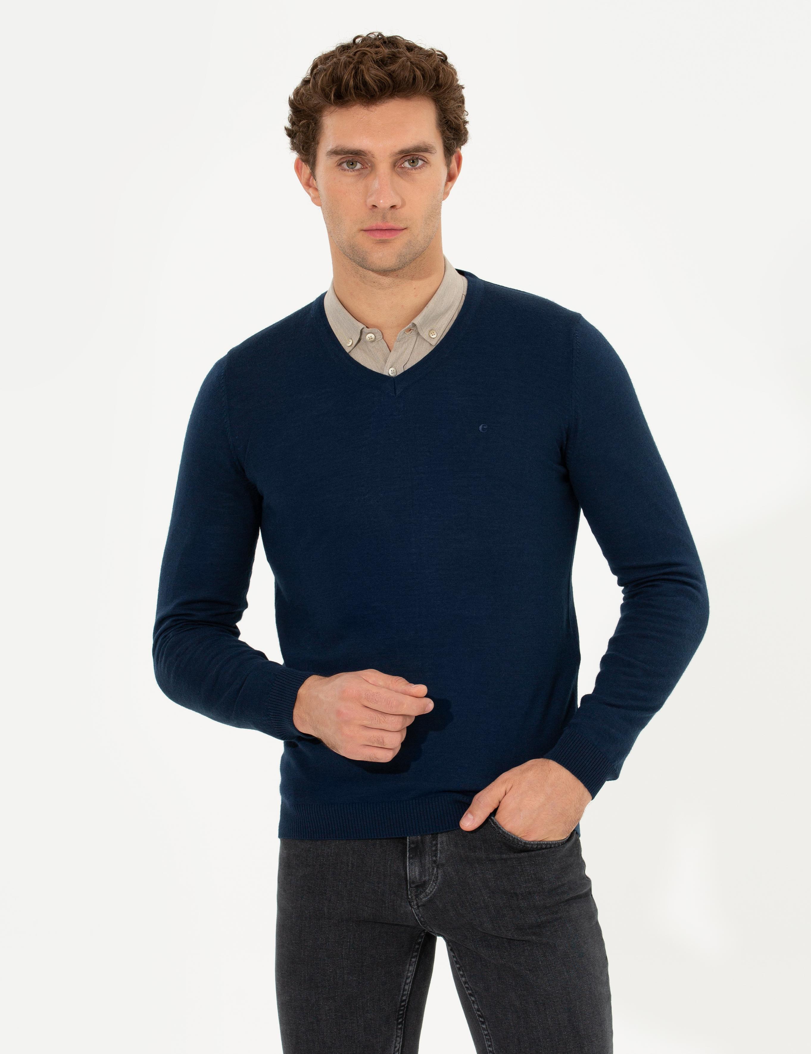 Lacivert Slim Fit V Yaka Basic Triko Kazak - 50211259042
