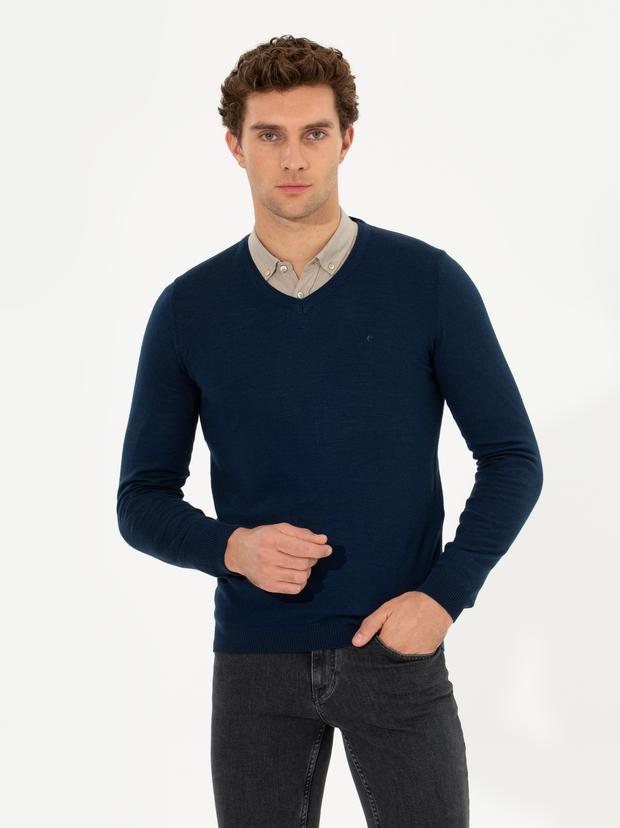 Lacivert Slim Fit V Yaka Basic Triko Kazak