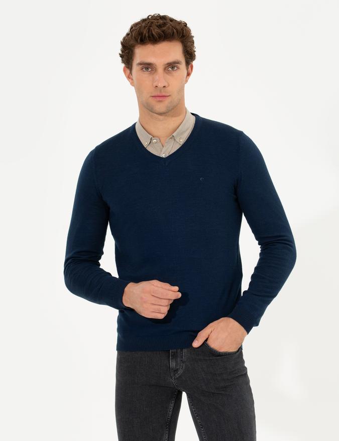 Lacivert Slim Fit V Yaka Basic Triko Kazak