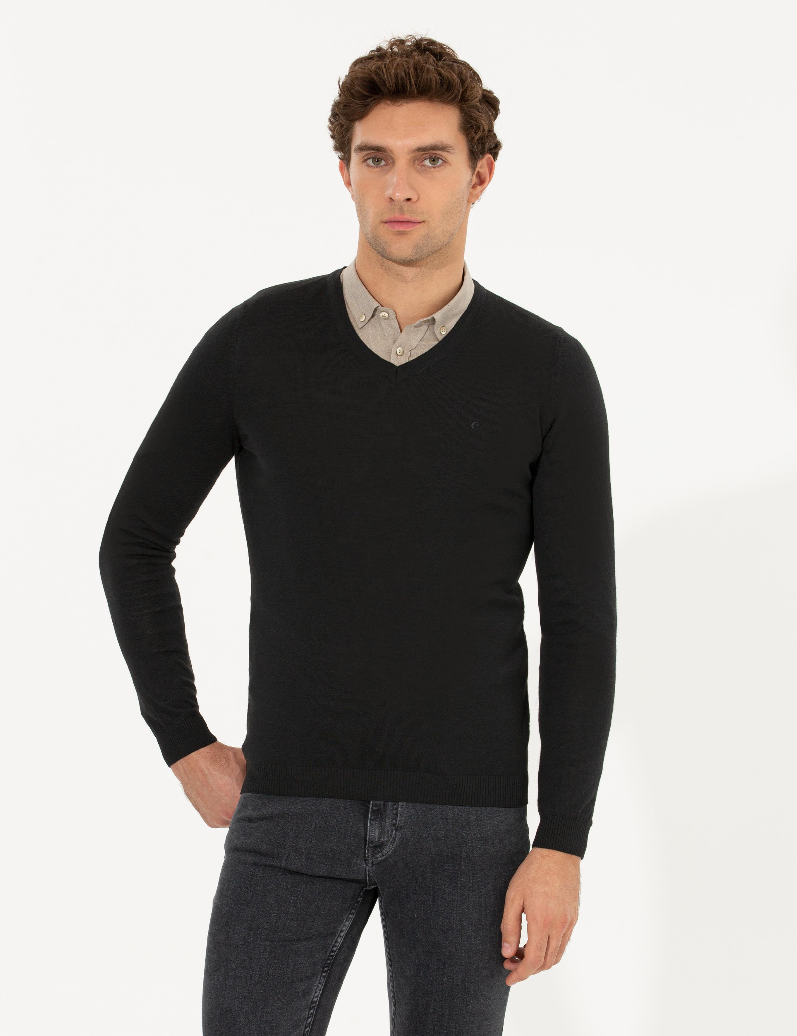 Siyah Slim Fit V Yaka Basic Triko Kazak - 50211259057
