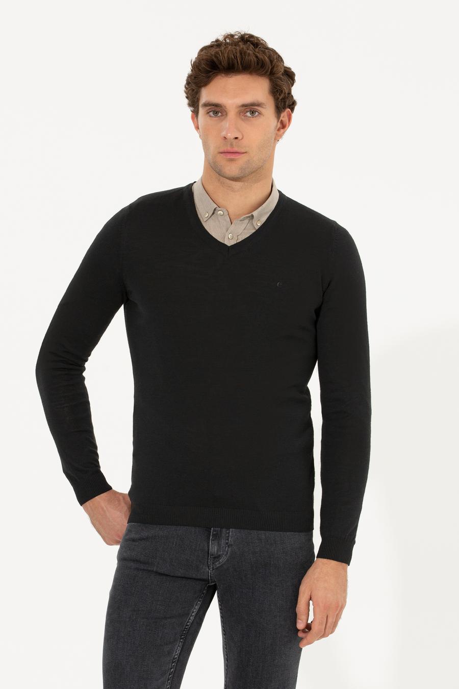 Siyah Slim Fit V Yaka Basic Triko Kazak - 50211259057