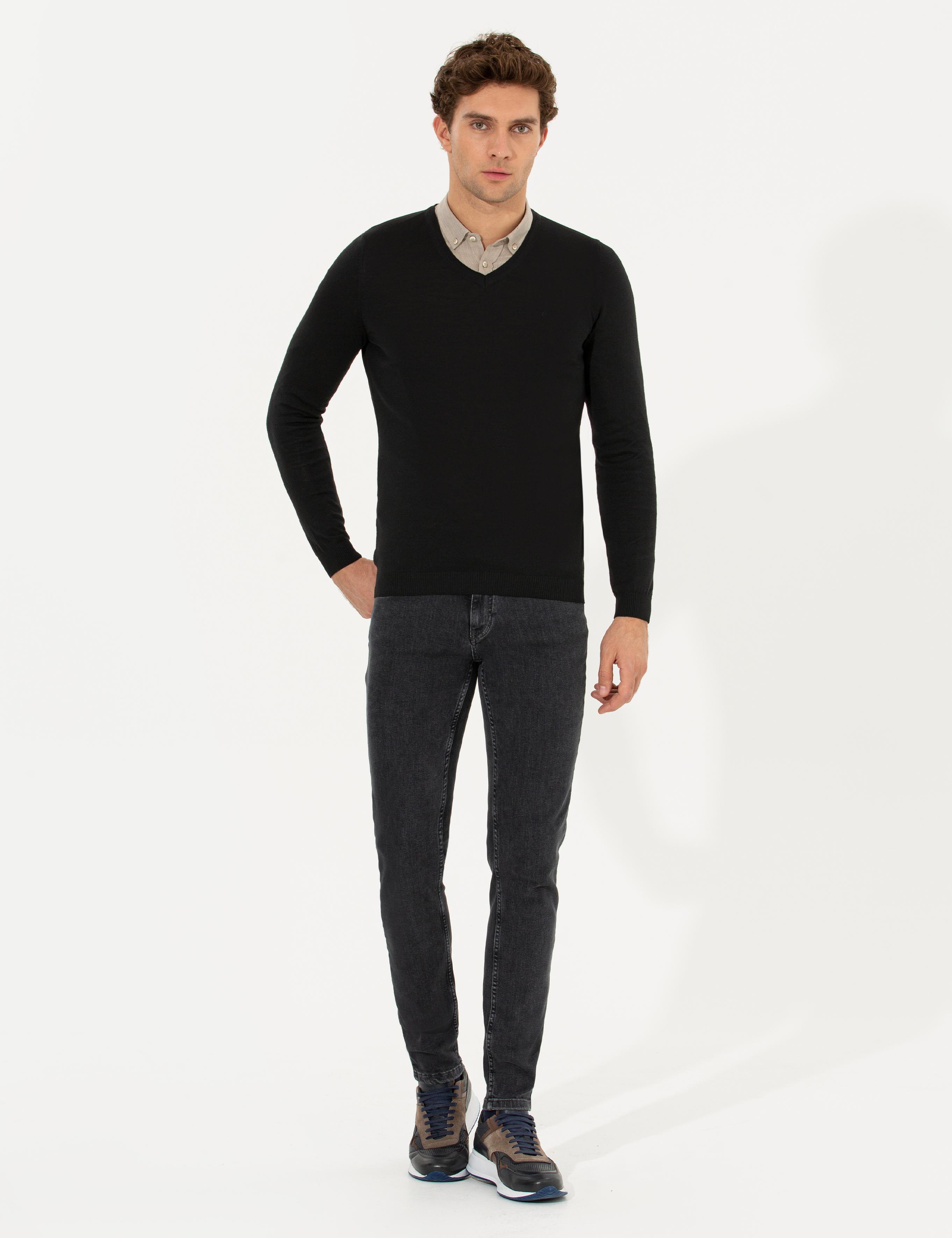 Siyah Slim Fit V Yaka Basic Triko Kazak - 50211259057