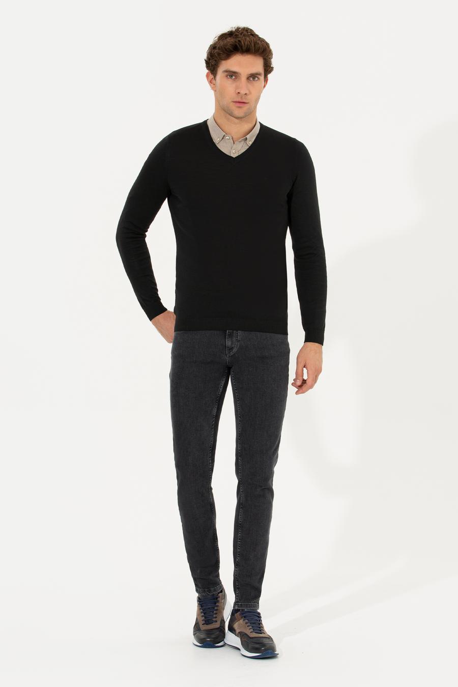 Siyah Slim Fit V Yaka Basic Triko Kazak - 50211259057
