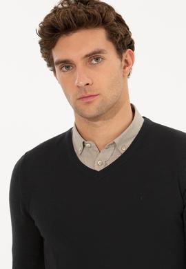 Siyah Slim Fit V Yaka Basic Triko Kazak