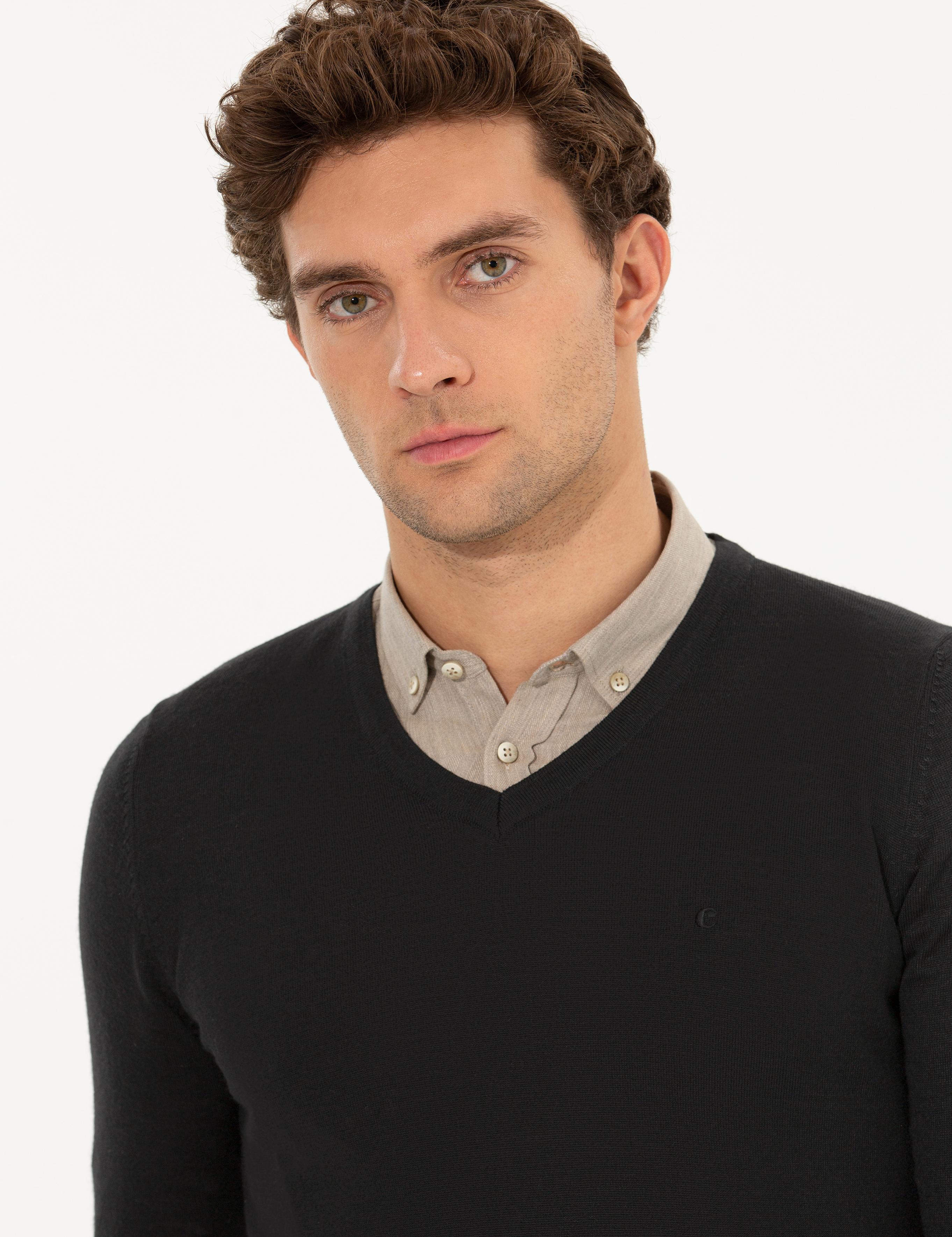 Siyah Slim Fit V Yaka Basic Triko Kazak - 50211259057