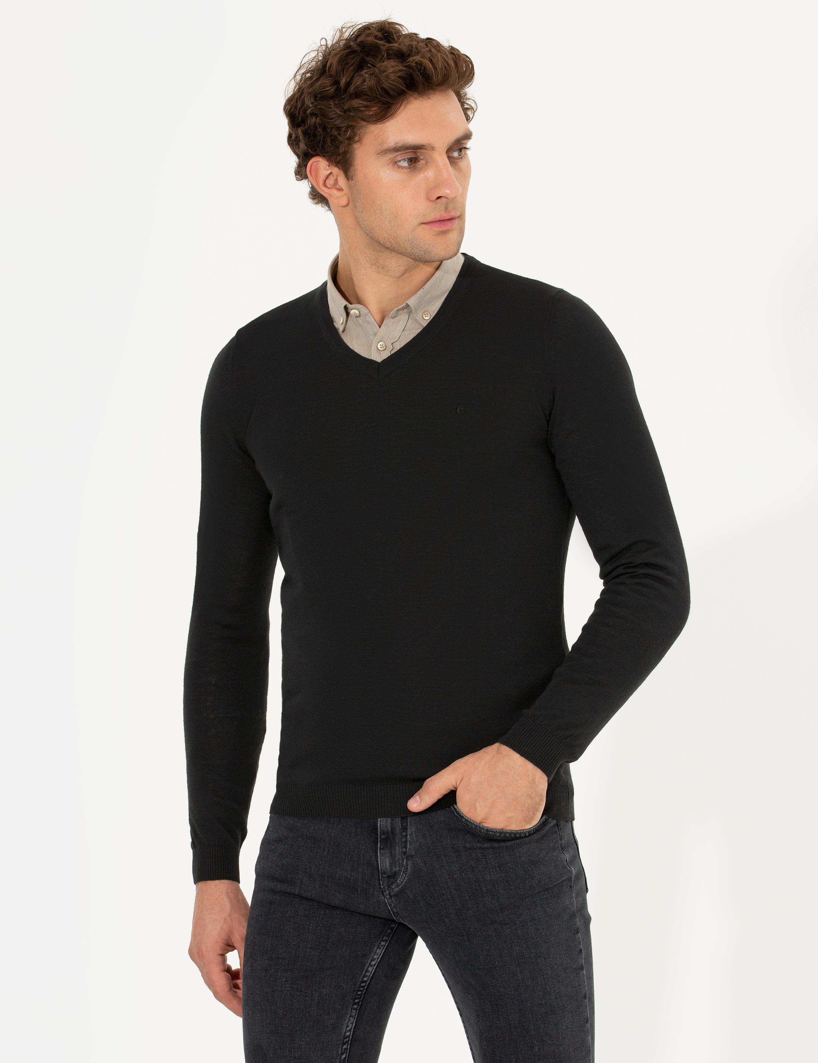Siyah Slim Fit V Yaka Basic Triko Kazak - 50211259057