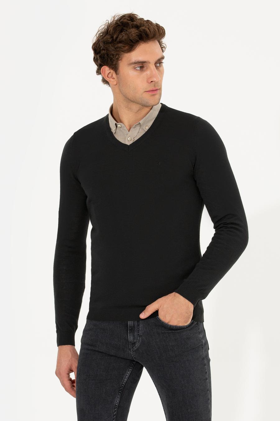 Siyah Slim Fit V Yaka Basic Triko Kazak - 50211259057