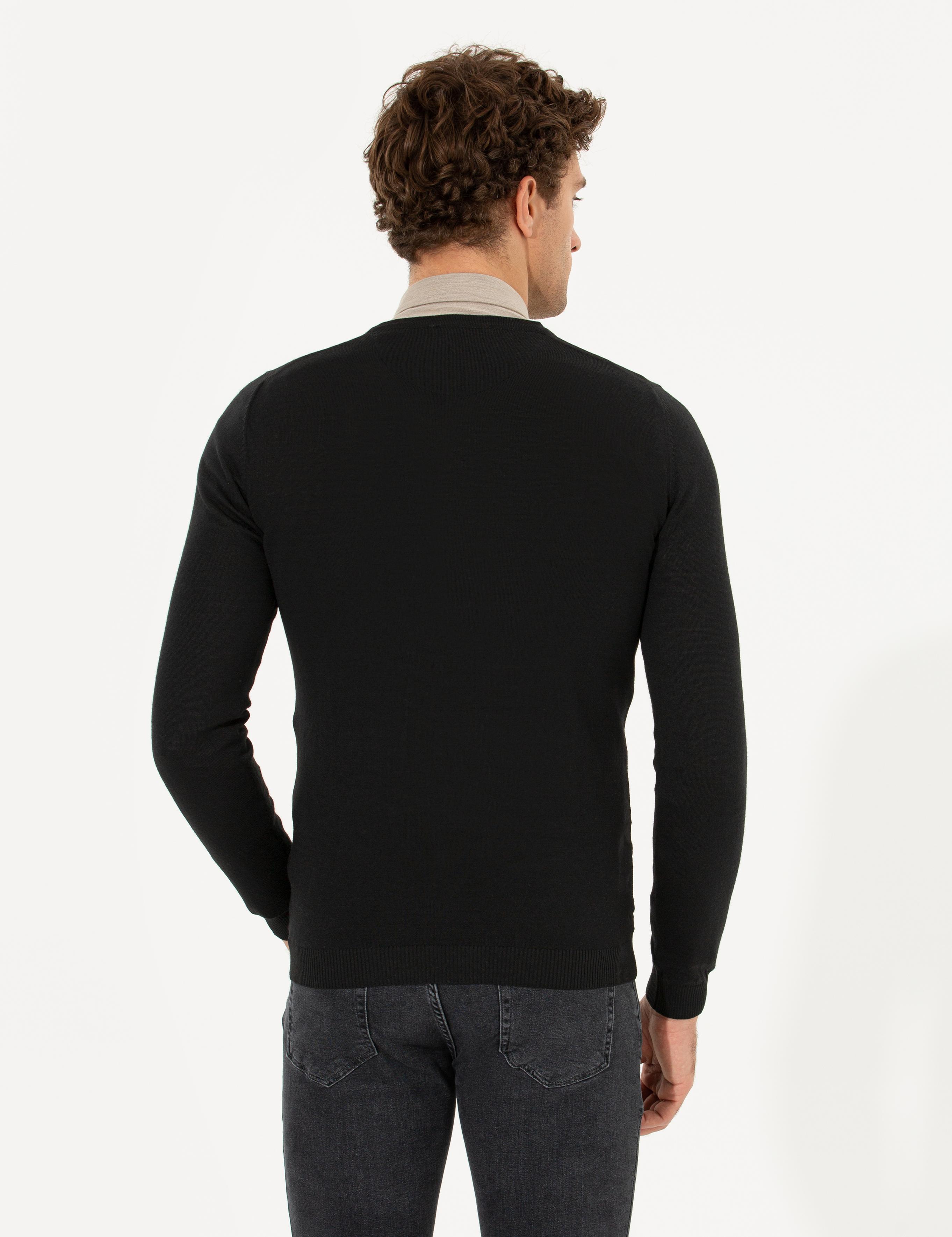 Siyah Slim Fit V Yaka Basic Triko Kazak - 50211259057